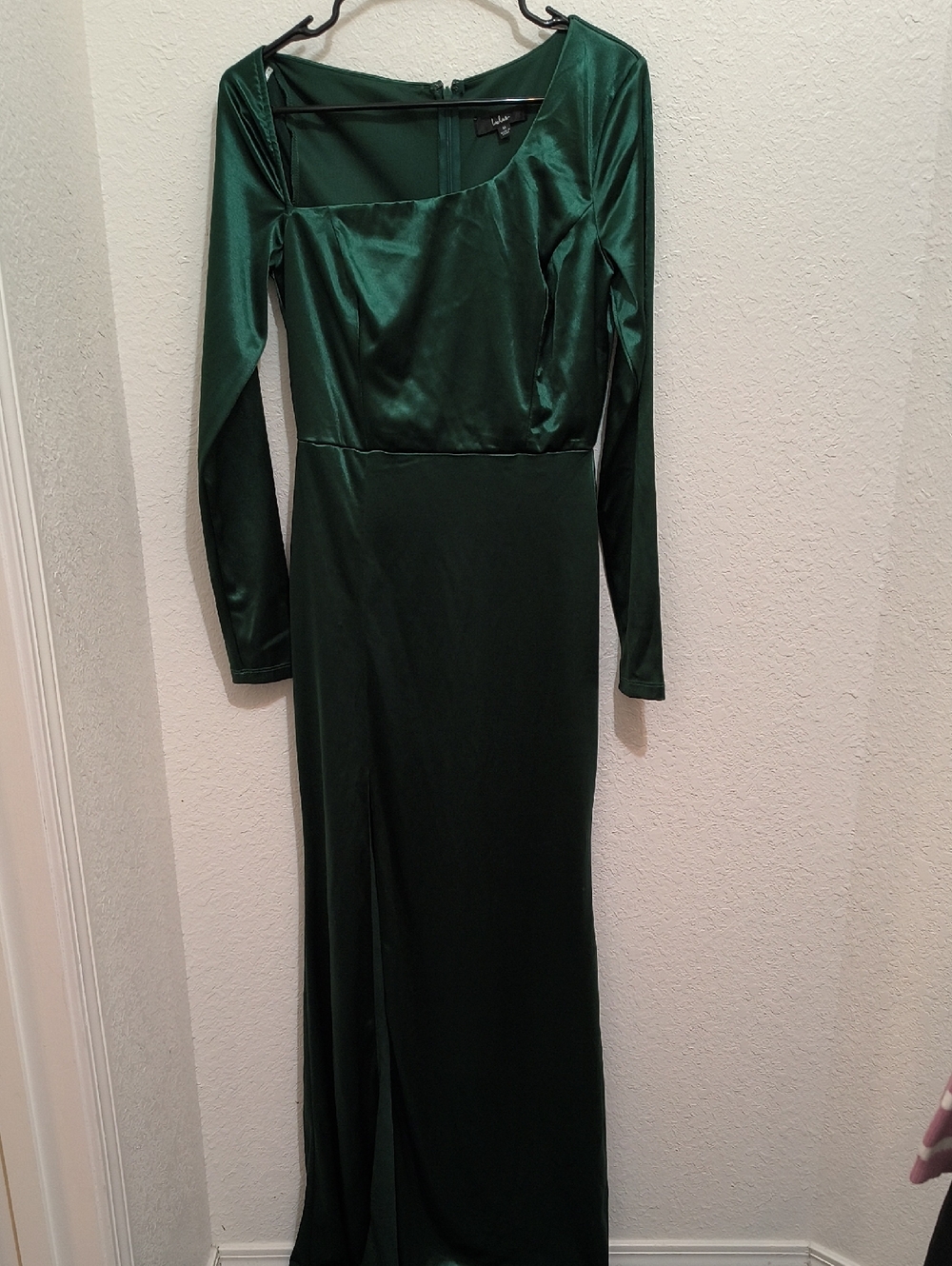 Lulu's Emerald Green Long Sleeve Satin Gown. Asymmetrical Neckline M